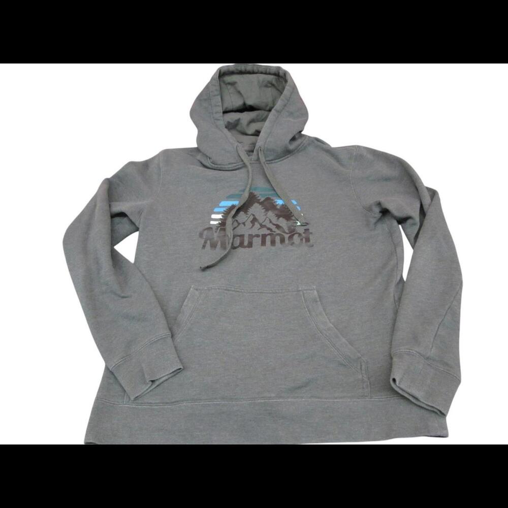 Marmot Mens Size M Gray Hooded Logo Sweatshirt Kangaroo Pocket Stylish and Cozy
